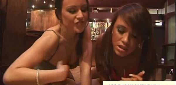  2 hot bar girls give a cfnm handjob to customer
